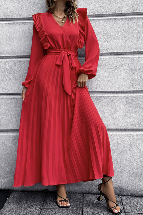 Temperament V-Neck Large Hem Pleated Dress