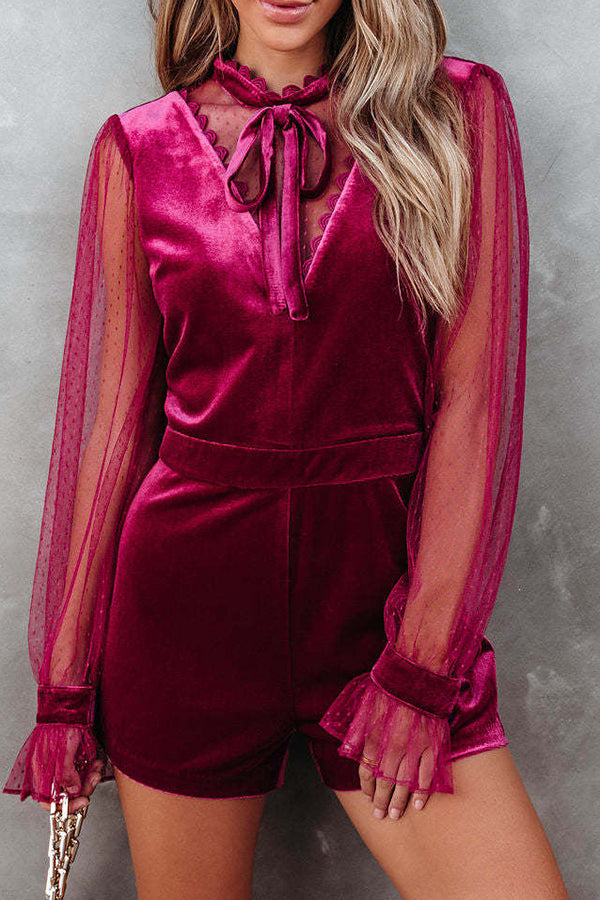 Velvet Mesh Splicing Perspective Temperament Jumpsuit