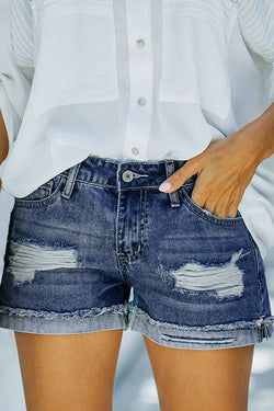 High Waist Perforated Denim Shorts