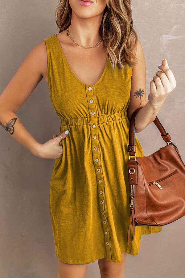 Buttons Sleeveless High Waist Mini Dress