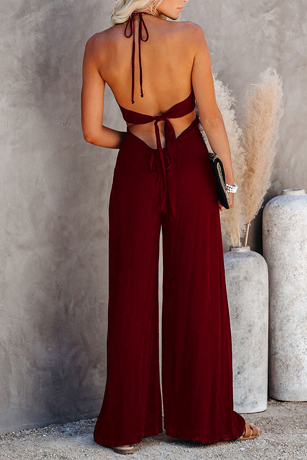 Sexy solid color suspenders open back jumpsuit