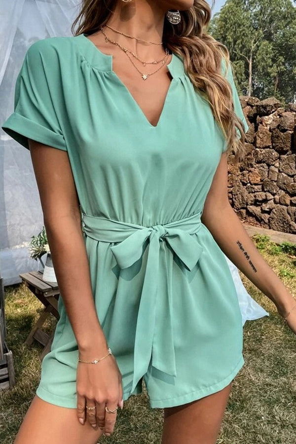 V-Neck Short-Sleeved Tie-Up Jumpsuit