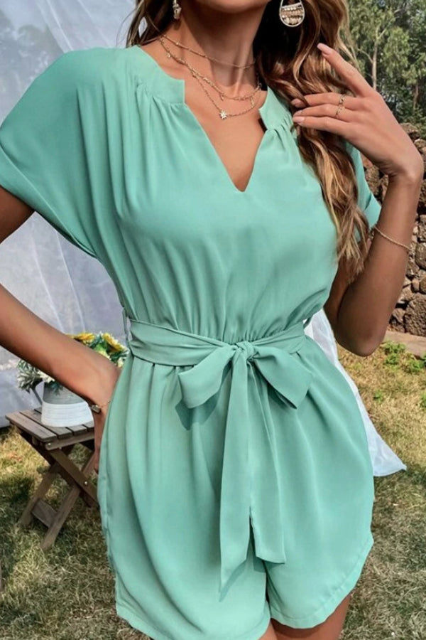 V-Neck Short-Sleeved Tie-Up Jumpsuit