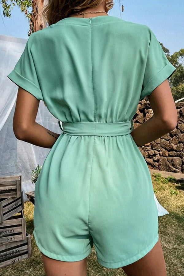 V-Neck Short-Sleeved Tie-Up Jumpsuit