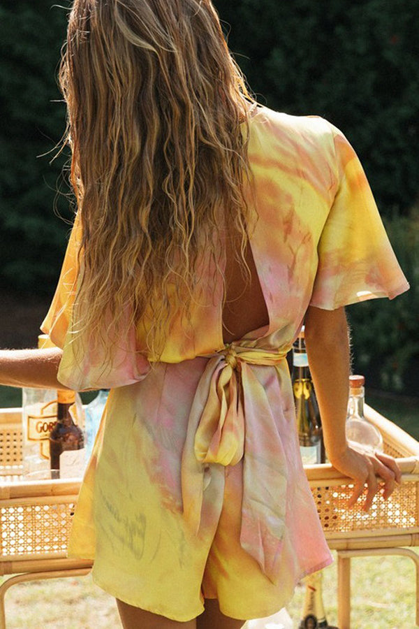 Tie-Dye Irregular V-Neck Open Back Tie Jumpsuit