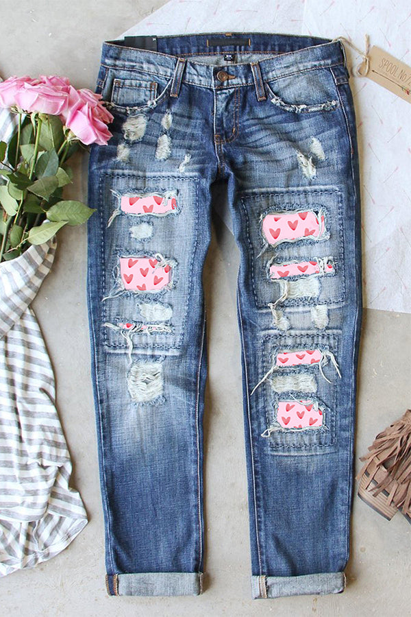 HEART PRINT STRAIGHT JEANS