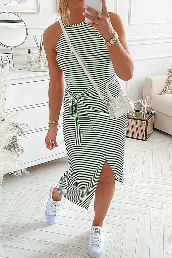 Striped Print Tied Detail Sleeveless Casual Dress