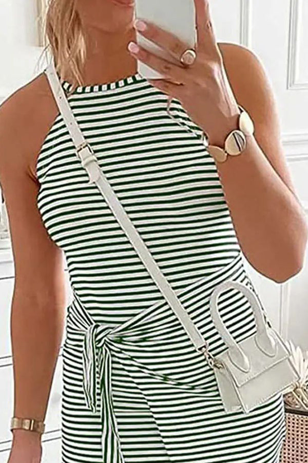 Striped Print Tied Detail Sleeveless Casual Dress