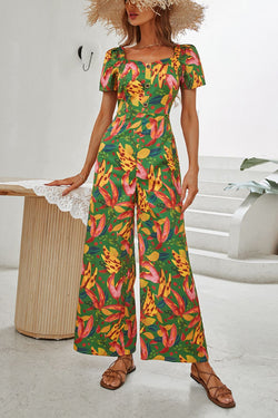 Printed Buttoned Wide Leg Jumpsuit