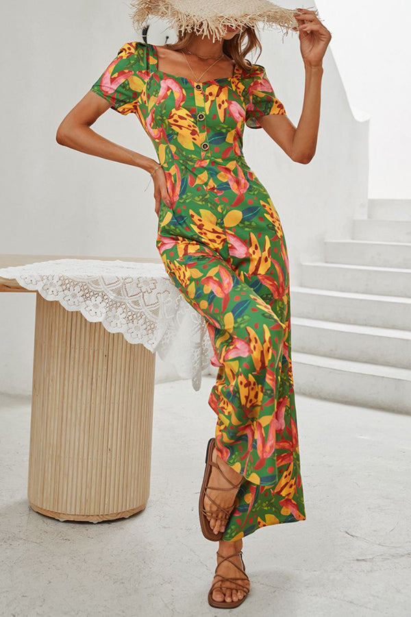 Printed Buttoned Wide Leg Jumpsuit