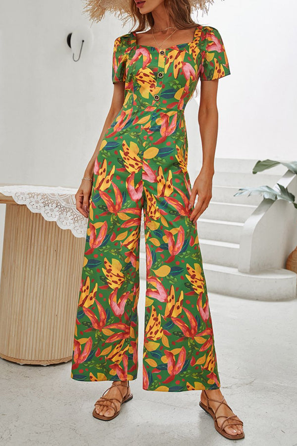 Printed Buttoned Wide Leg Jumpsuit