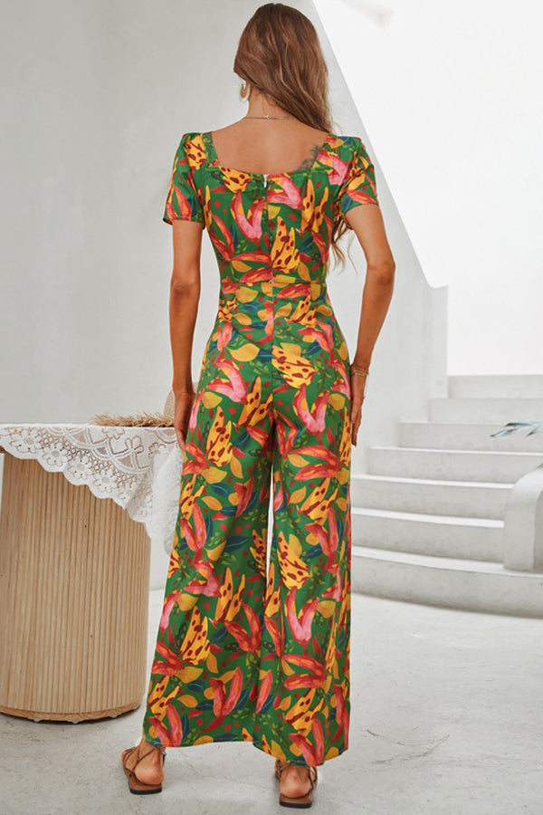 Printed Buttoned Wide Leg Jumpsuit