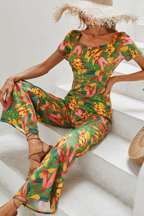 Printed Buttoned Wide Leg Jumpsuit