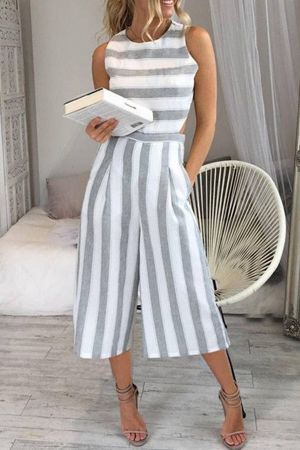 Casual Striped Cutout Pocket Cropped Jumpsuit