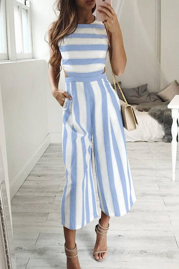 Casual Striped Cutout Pocket Cropped Jumpsuit