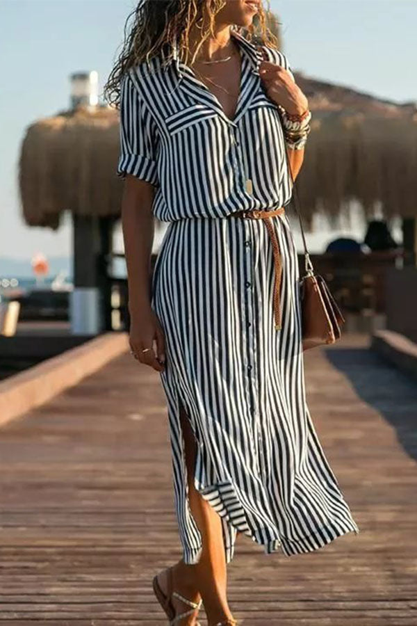 Striped Shawl Collar Casual Dresses