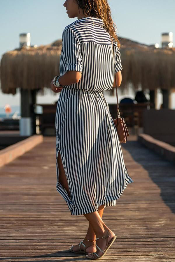 Striped Shawl Collar Casual Dresses