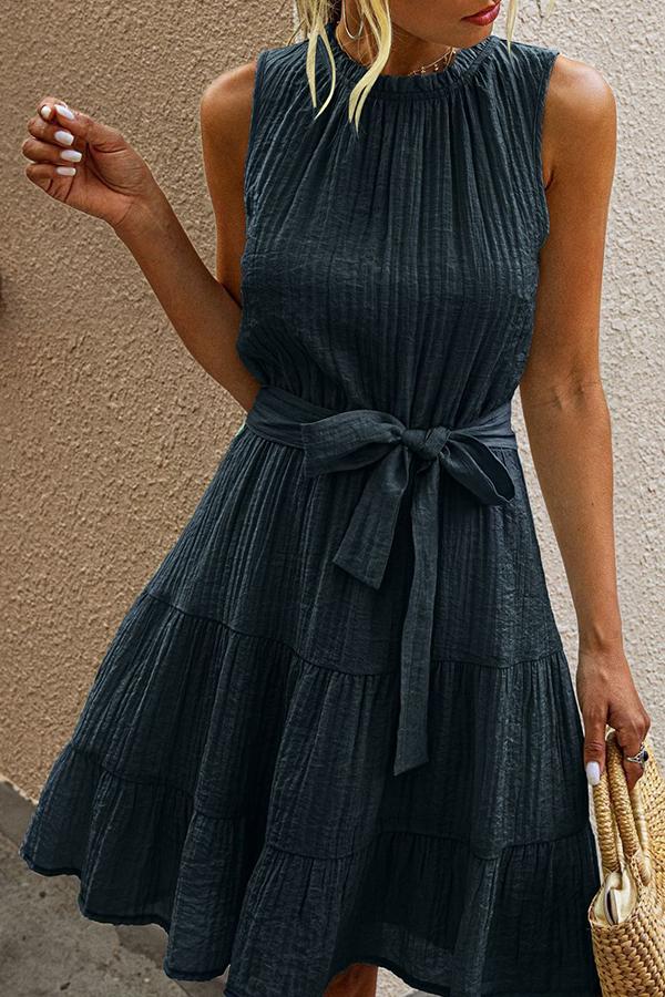 Elegant Solid Color Draw Back Bow Belt Dress