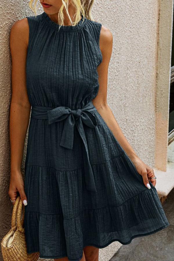 Elegant Solid Color Draw Back Bow Belt Dress