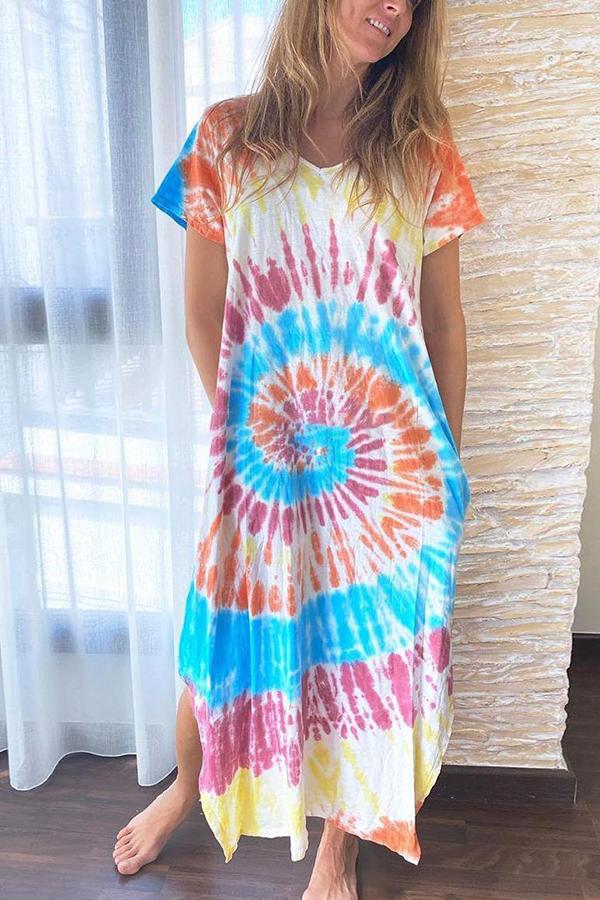 Tie-dye Loose Print Slit Maxi Dress