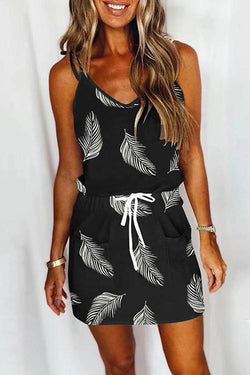 Leaf Print Loose V-neck Drawstring Pocket Sling Dress