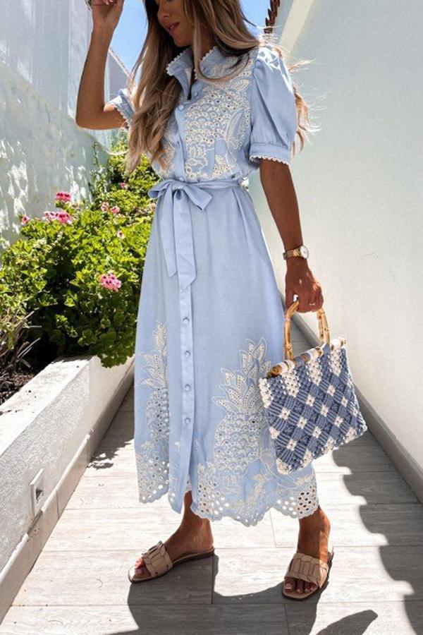 Lace Stitching Blue Midi Dress