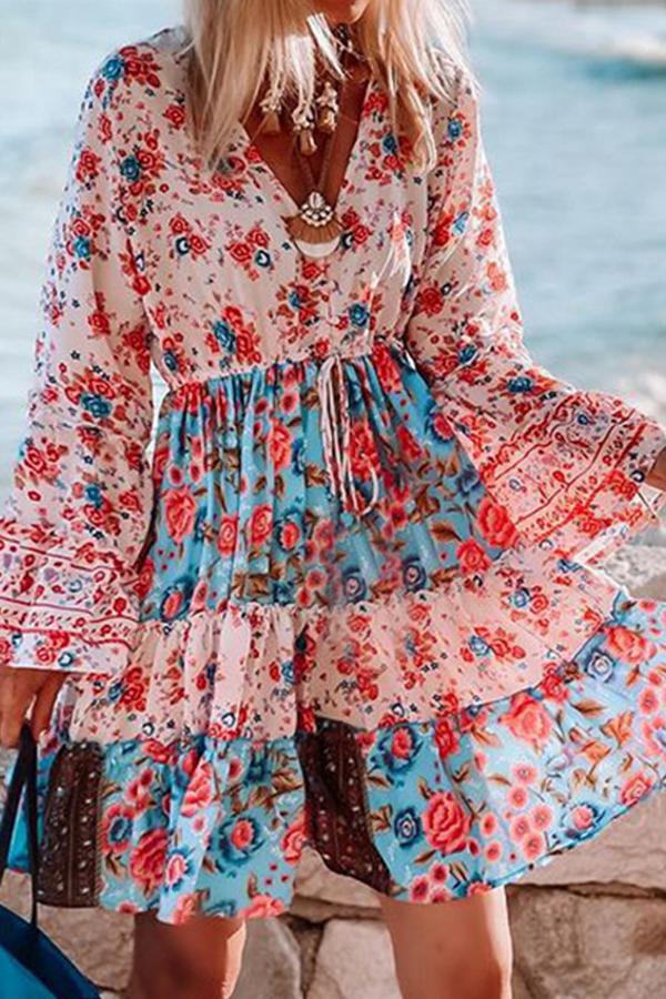 Bohemian Floral Color Block Mini Dress