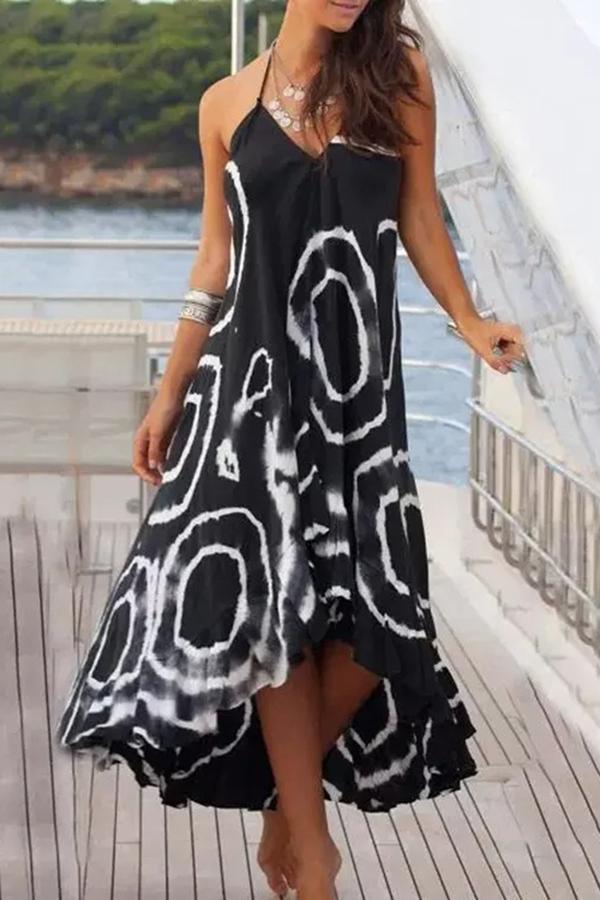 Black Tie-dye Sling Loose Midi Dress