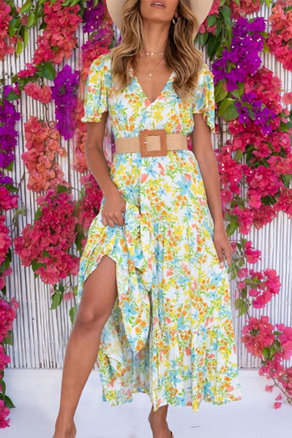 Yellow Floral Beach Casual Midi Dress