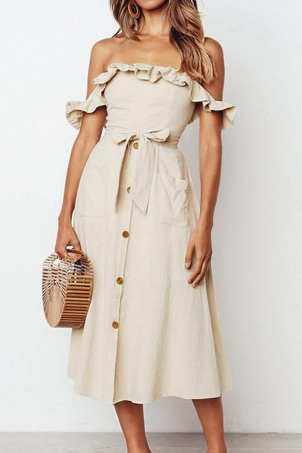 Off-shoulder Ruffles Simple Midi Dress