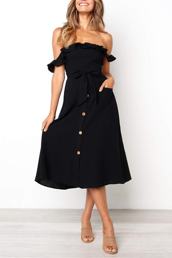 Off-shoulder Ruffles Simple Midi Dress