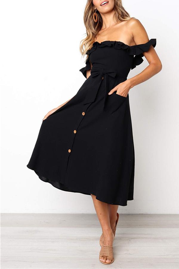 Off-shoulder Ruffles Simple Midi Dress