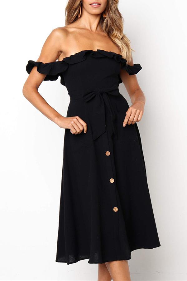 Off-shoulder Ruffles Simple Midi Dress