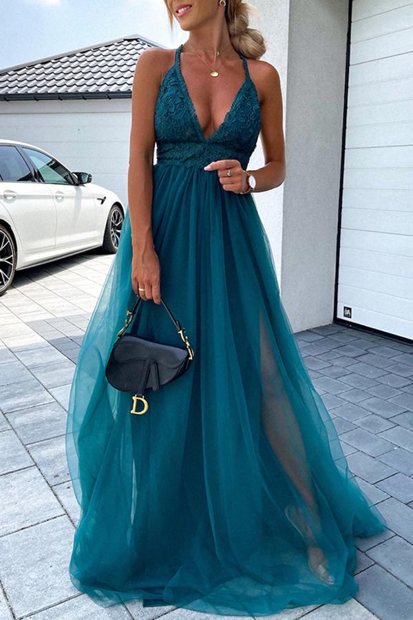 Mesh Deep V Open Back Maxi Evening Dress