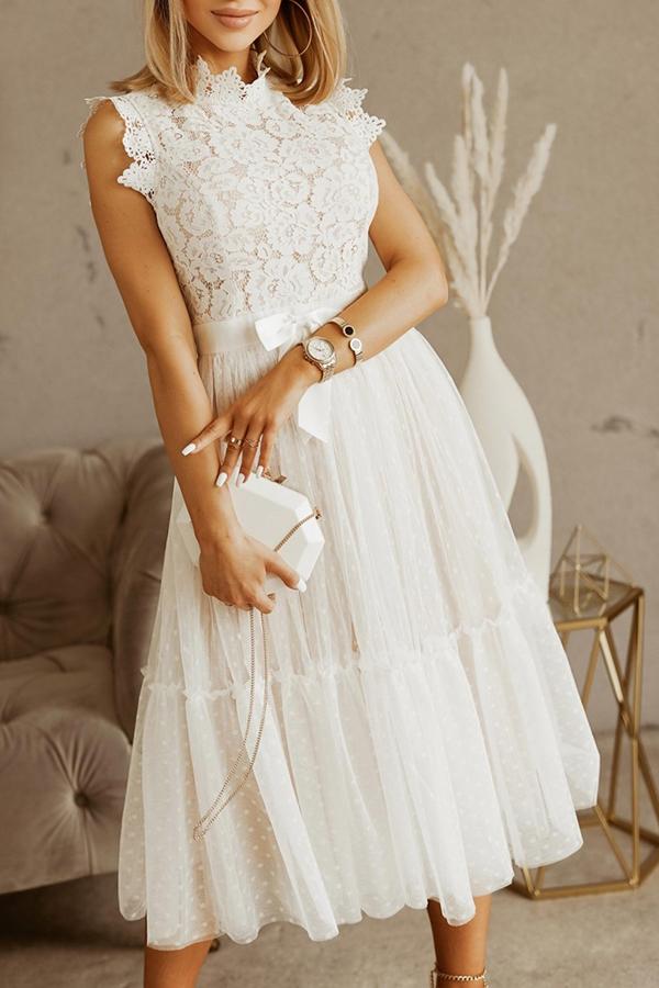 Lace Mesh Stitching Sleeveless Midi Dress