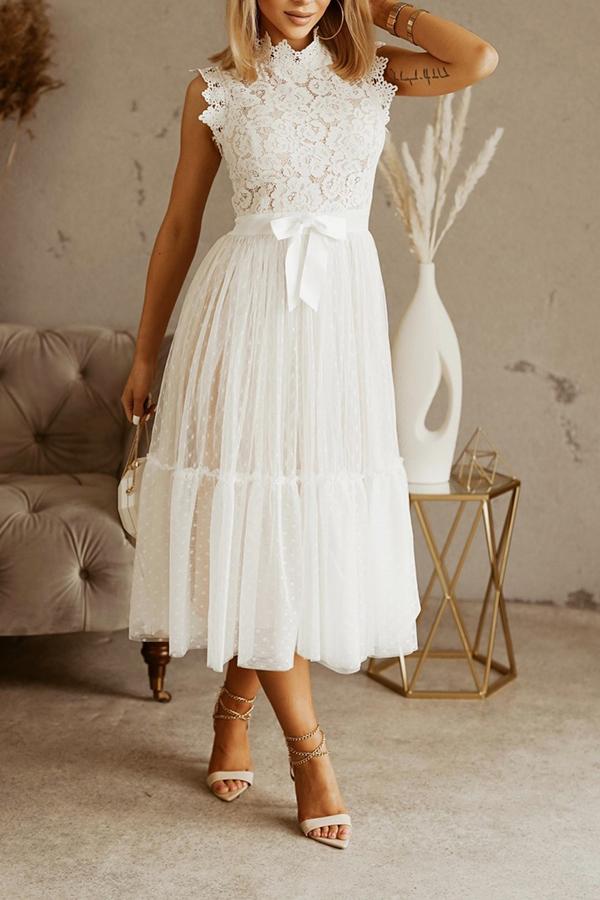 Lace Mesh Stitching Sleeveless Midi Dress