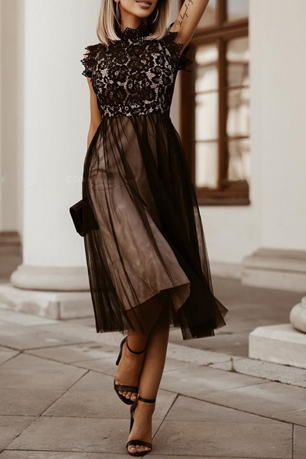 Lace Mesh Stitching Sleeveless Midi Dress