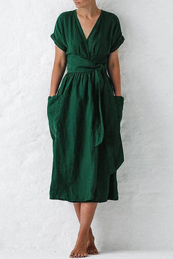 Short-sleeved V-neck Solid Color Loose Linen Dress