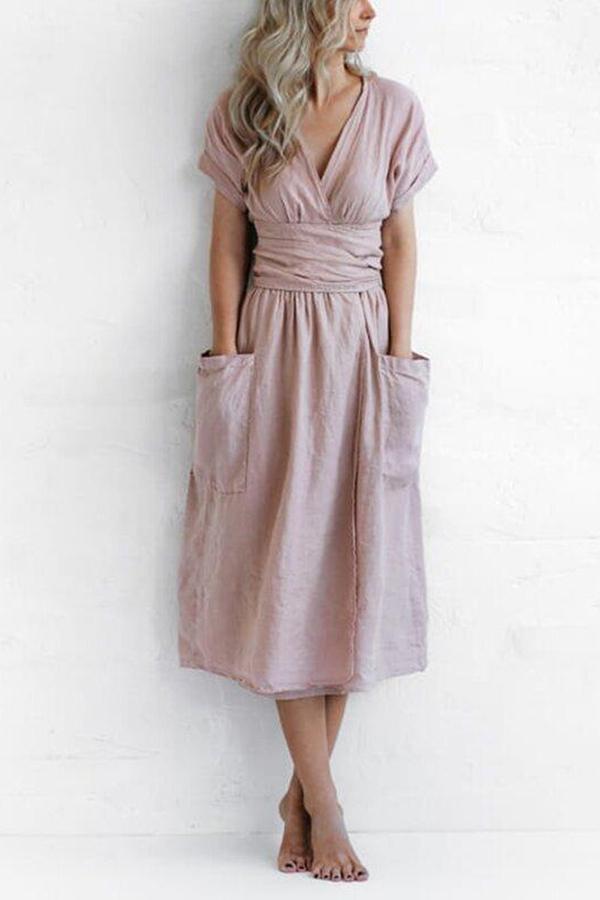 Short-sleeved V-neck Solid Color Loose Linen Dress