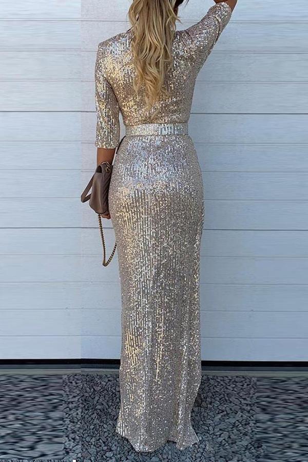 Sexy Long-sleeved Sequin Split Party Dress