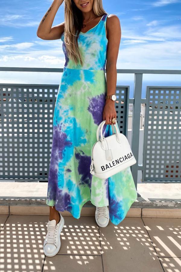 Tie-dye Printed Slit Slim Fit Irregular Vest Dress