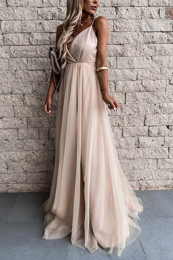 V-neck Open Back Mesh Maxi Evening Dress