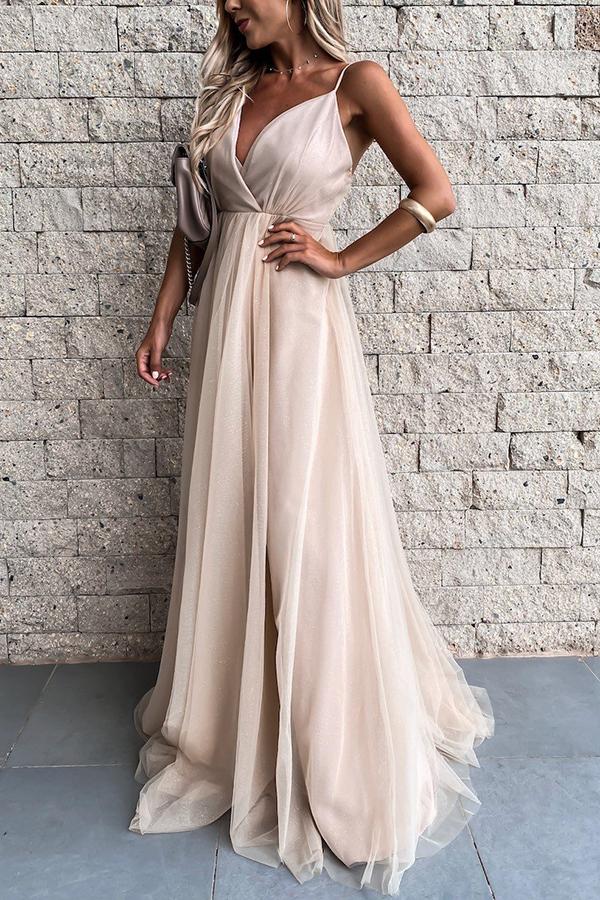 V-neck Open Back Mesh Maxi Evening Dress