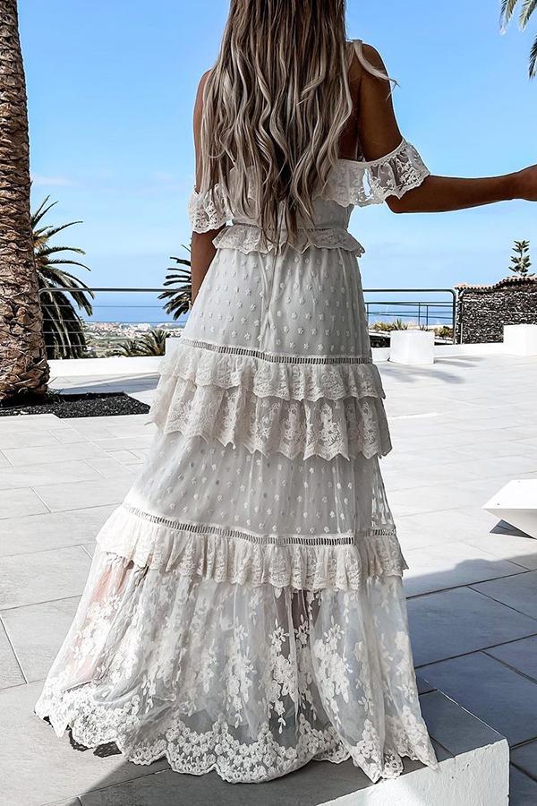 White Mesh Lace Sequin Maxi Dress