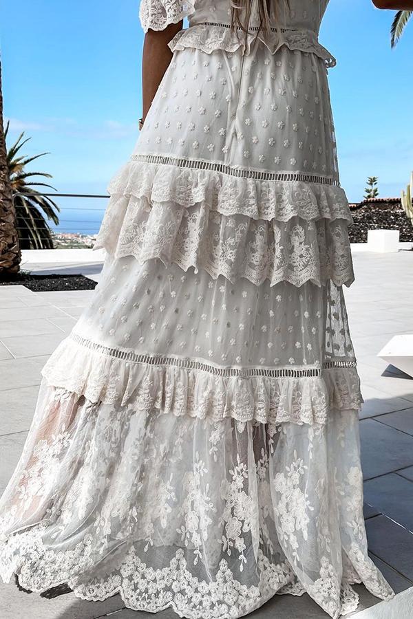 White Mesh Lace Sequin Maxi Dress