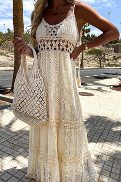 White Lace Stitching Hollow Maxi Dress