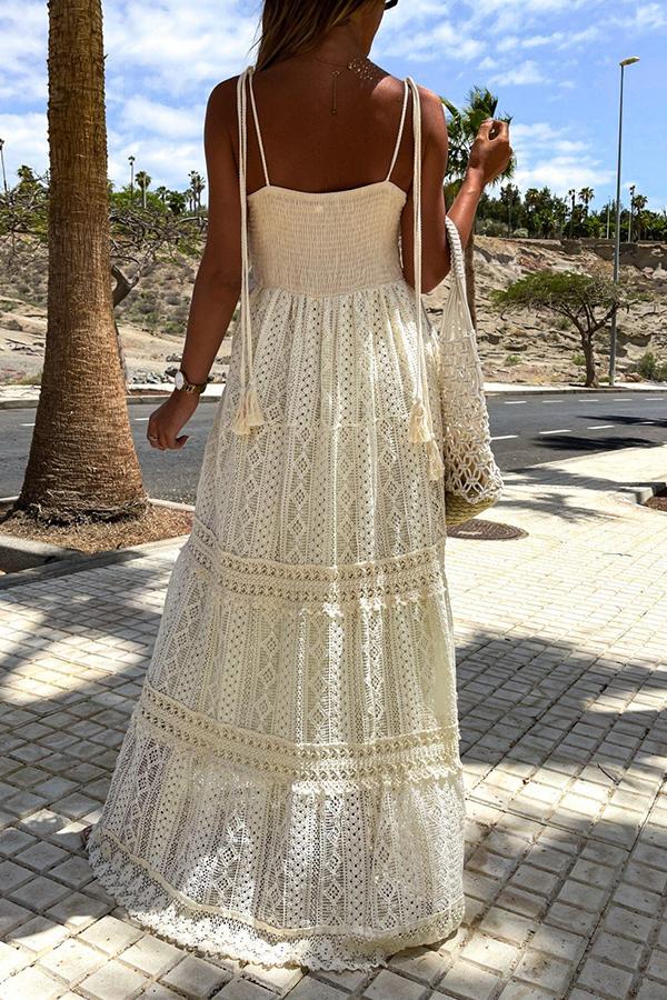 White Lace Stitching Hollow Maxi Dress