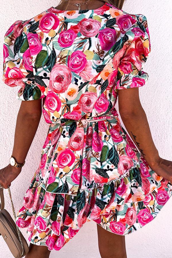 Colorful Plant Print Mini Cute Dress