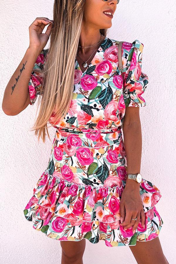 Colorful Plant Print Mini Cute Dress