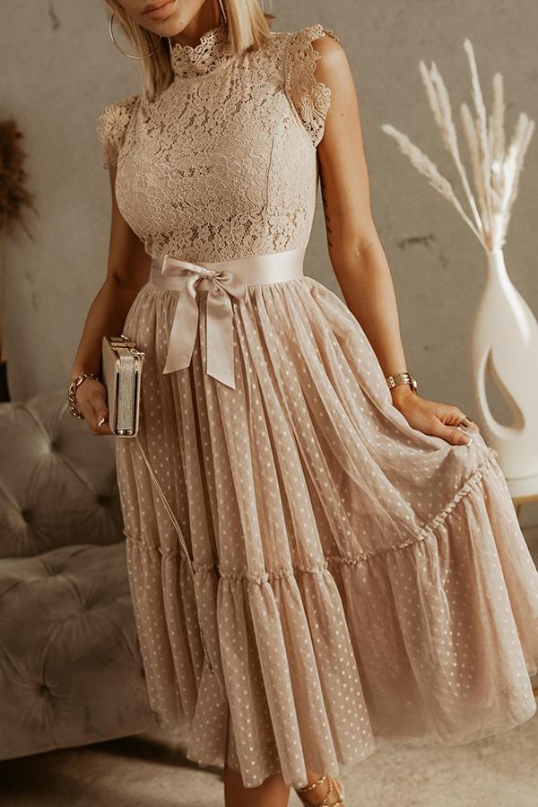 Ruffled Lace Mesh Stitching Midi Dress